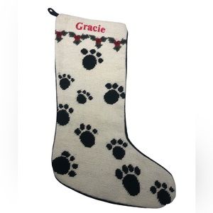 Gracie Dog Puppy Christmas Large Stocking Sock Paw Prints Needlepoint Wool Yarn